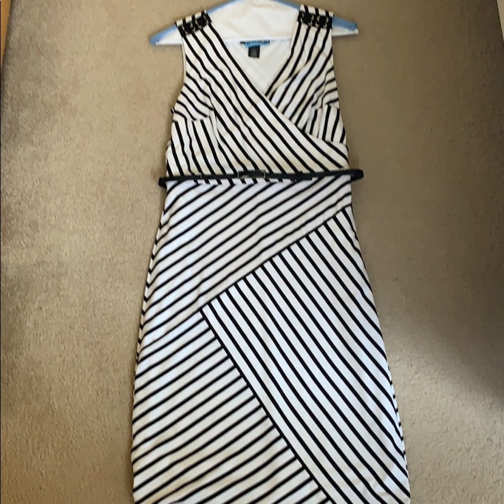 Whbm belted black and white striped dress.